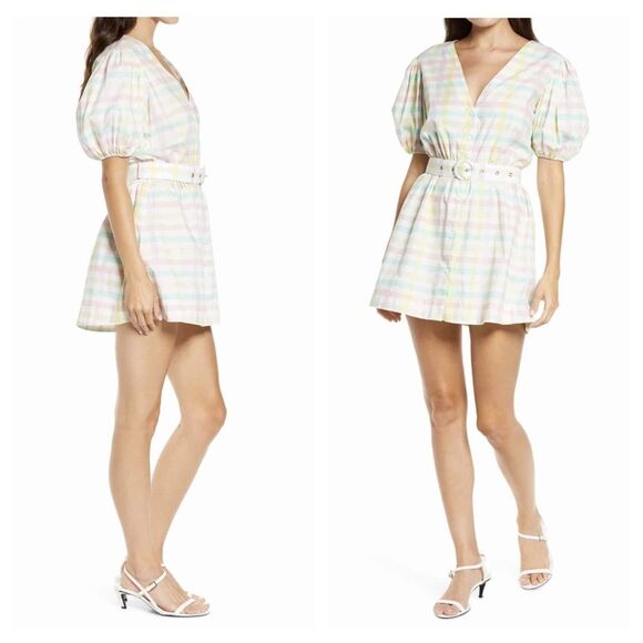 NWT S/W/F Pastel Multicolor Gingham Mini Dress Sz S Puff Sleeve Belted Cotton - Picture 3 of 8